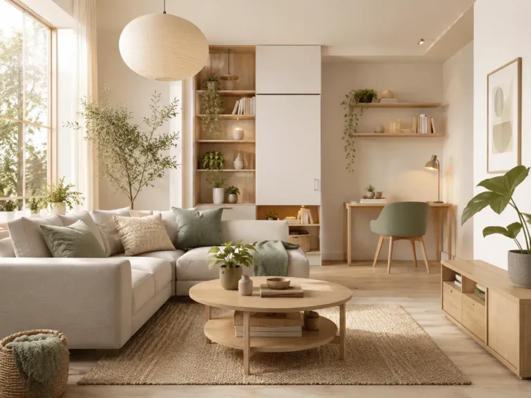 Lichte moderne woonkamer met beige bank, houten meubels, planten, slimme opbergruimte en natuurlijke materialen