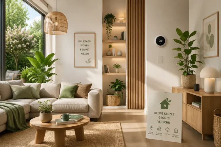 Lichte moderne woonkamer met natuurlijke materialen, groene planten, houten meubels en duurzame wooninspiratie voor bewuster wonen