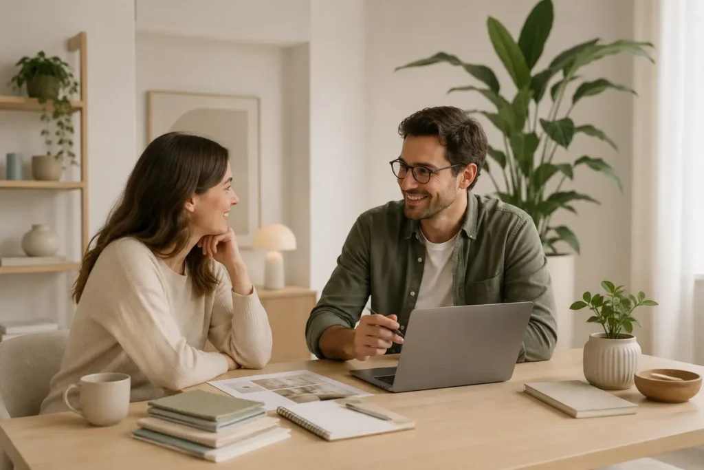 Twee professionals bespreken woonideeën en samenwerking aan een houten bureau in een lichte minimalistische werkruimte met planten