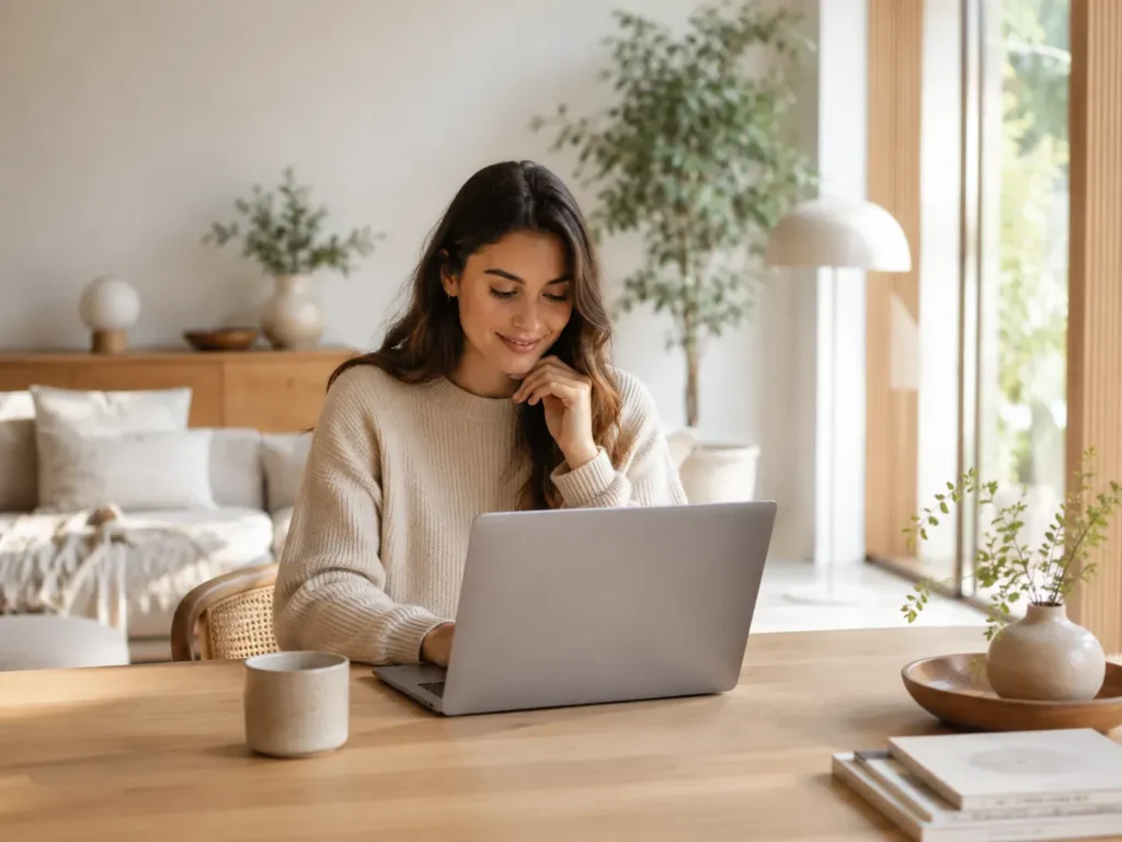 Vrouw registreert zich online op een laptop in een lichte minimalistische woonruimte met houten tafel, planten en natuurlijke tinten