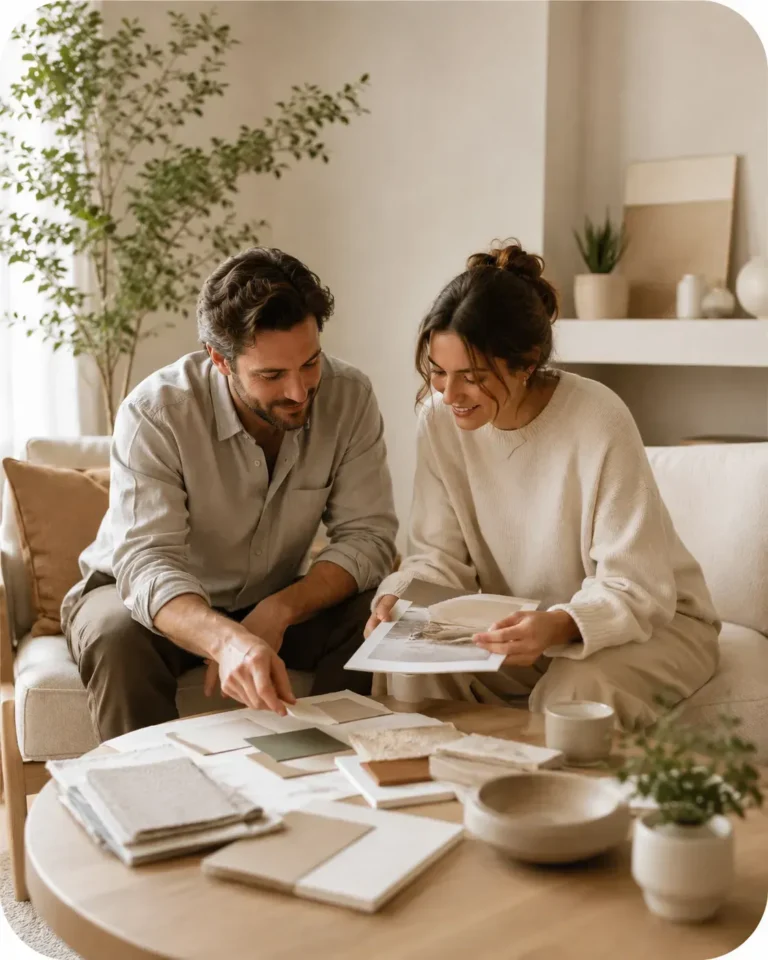 Man en vrouw bespreken interieurmaterialen en woonideeën in een lichte woonkamer met natuurlijke tinten en planten
